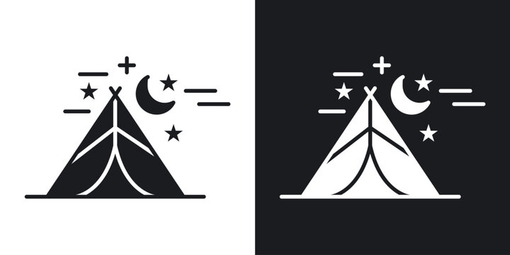 Night camping icons vectors in solid black and white style