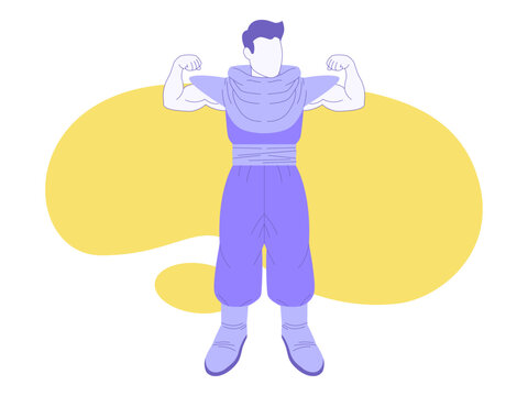 A superhuman displays his muscular arms. Super human illustrations. Flat vector concepts.