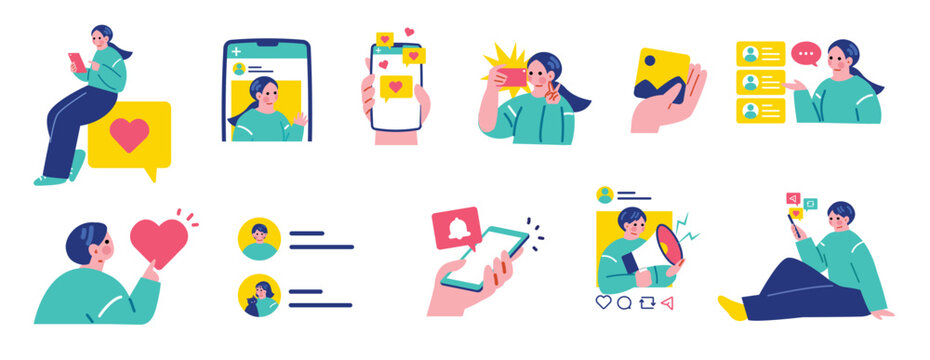 SNSを活用する人々のイラストセット