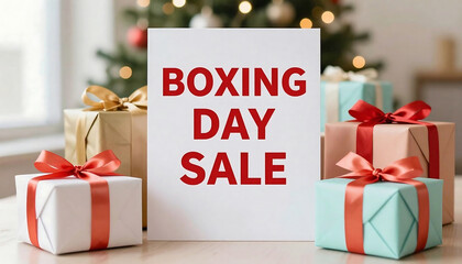 Boxing day sale announcement with gift boxes and festive christmas decorations in background