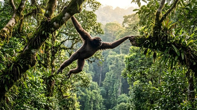 Gibbon hanging and swinging between trees in a lush tropical rainforest