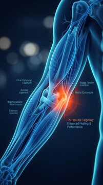 Human elbow joint anatomy with highlighted injury and therapeutic targeting for enhanced healing
