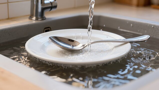 A clogged kitchen sink overflowing with water while a faucet is running. A scene highlighting plumbing issues, drainage blockages, and the need for pipe cleaning and maintenance