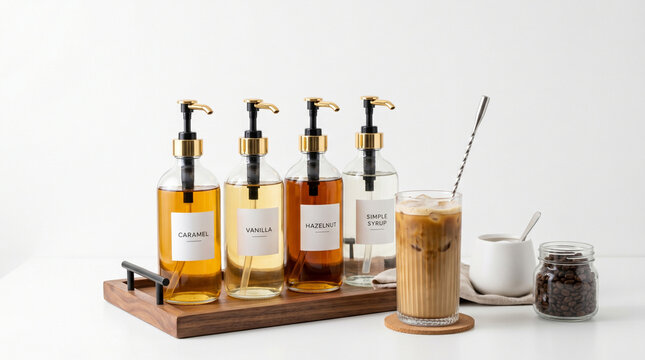 Elegant coffee syrup glass bottles with gold pumps on wooden tray, iced latte with coffee beans on white background, minimalist cafe beverage station
