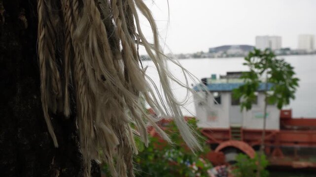 Close up of natural fibers with a blurred boat and cityscape in the background.