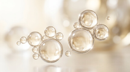 Fototapeta premium Serum Golden cosmetic oil droplets in liquid, bubbles, gold, skincare, luxury, beauty