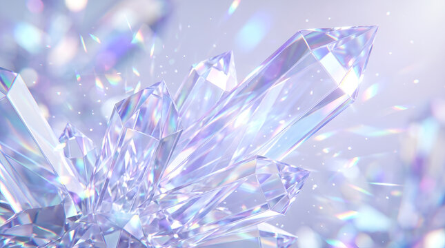Crystal cluster with iridescent prism light effects, gemstone, lavender, ethereal, quartz, shining