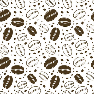Seamless coffee beans pattern vector illustration brown cafe texture with espresso cappuccino mocha beverage icons for wallpaper design background