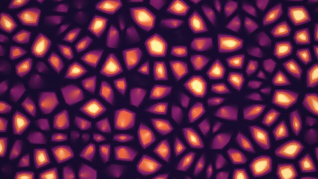 Glowing voronoi cell texture, abstract purple and orange mosaic background, biological microscopic pattern for digital design