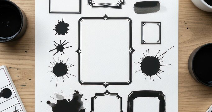 Black Ink Frames and Splatters on White Paper