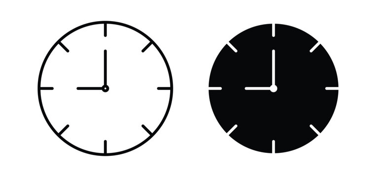 Clock nine icons pack vectors in black flat and strokes