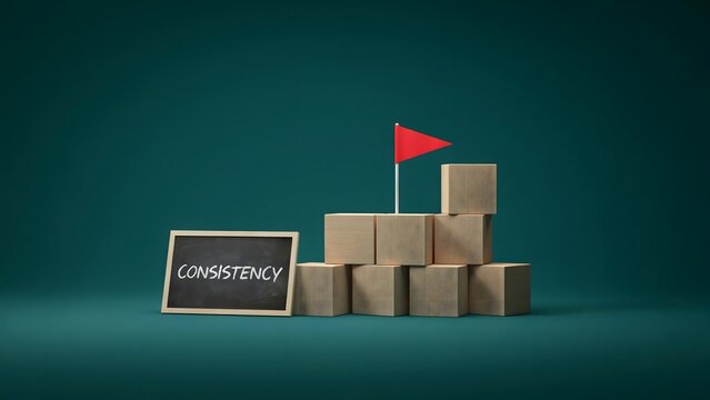 Conceptual representation of competency using wooden blocks stacked like stairs with a red flag competency achievement aspiration business strategy development improvement