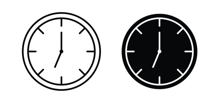 Clock seven icons pack vectors in black flat and strokes