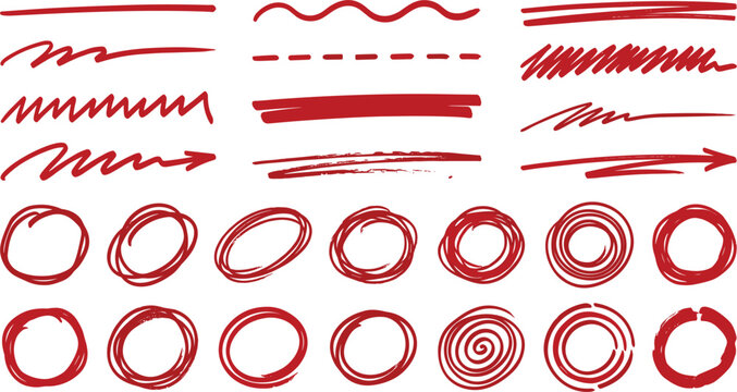 Red marker hand drawn correction lines and circle elements set.Red marker hand drawn correction lines and circle elements set.