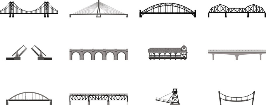 Civil engineering bridge types silhouettes set featuring suspension arch cable stayed truss drawbridge and viaduct icons isolated on white background (20 words)