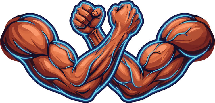 Two muscular strong arms arm wrestling with flexed biceps and veins vector illustration logo iconTwo muscular strong arms arm wrestling with flexed biceps and veins vector illustration logo icon