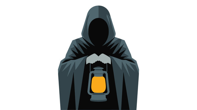 Mysterious hooded figure with a dark cloak holding a glowing vintage lantern