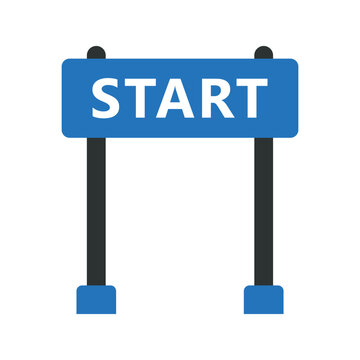 Start sign, blue banner with white text on posts, isolated on white background, graphic design element.