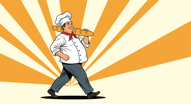 Cheerful chef in a traditional white uniform and hat walks along while carrying a long baguette over his shoulder.