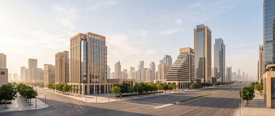 Fototapeta premium Aerial view of a modern cityscape with skyscrapers and streets at daytime