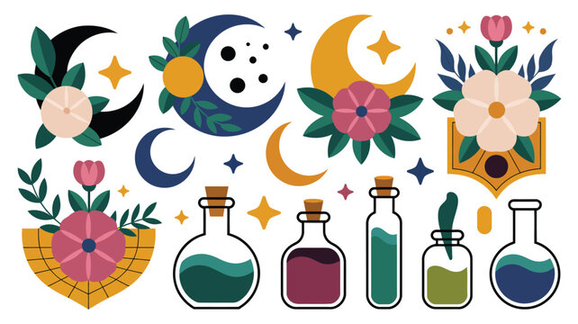 Mystical celestial and floral elements featuring moons stars potion bottles and blooming flowers
