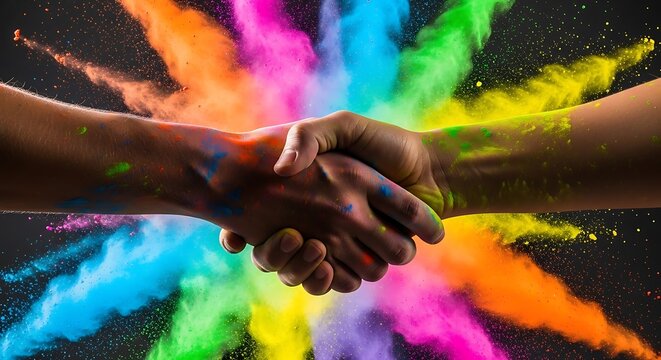 Hands shaking with colorful powder explosion