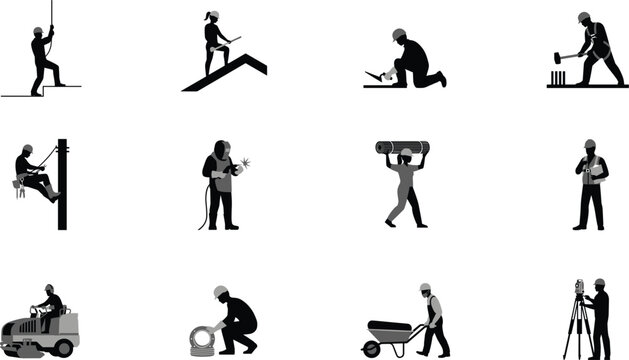 Industrial construction site workers silhouettes set featuring builders welder surveyor lineman and heavy machinery operator icons isolated on white background (20 words)