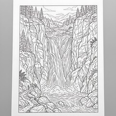 Obraz premium A detailed black and white line of a powerful waterfall flowing between steep rocky cliffs with pine trees and a hiking path