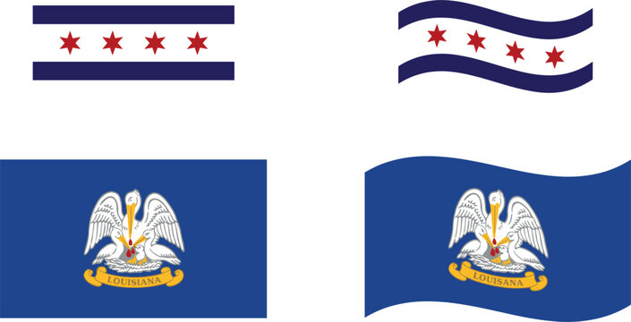 Louisiana state flag and Chicago city flag vector design elements set featuring flat and waving realistic icons isolated on white background (21 words)