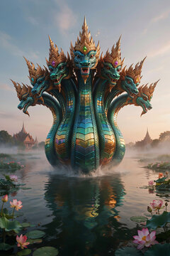 Majestic Seven-Headed Sacred Naga Rising from Mystical Waters Near Ancient Thai Temple at Sunrise, Ultra Realistic Mythological Fantasy Art