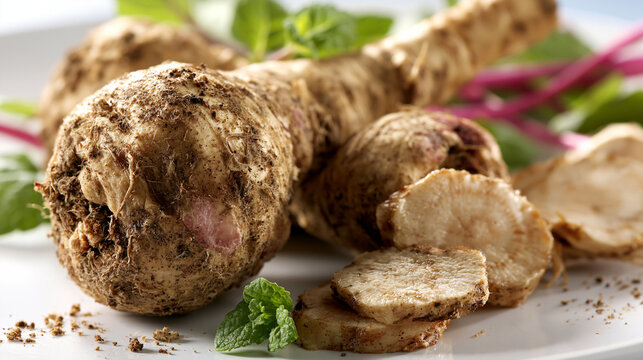 Fresh parsnip root and slices garnished with herbs food photography raw food vegetable dis