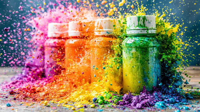 Rainbow colored pigment powders exploding from clear glass bottles in a creative art studio