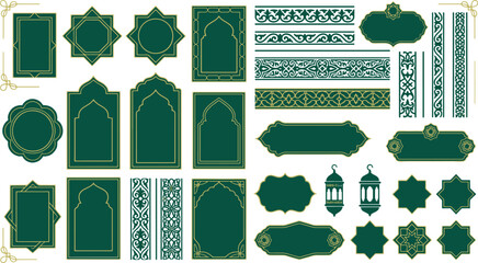 Collection of islamic themed decorative frames borders and lanterns in green and gold colors with decoration ornament traditional geometric template invitation celebration oriental © Golzar