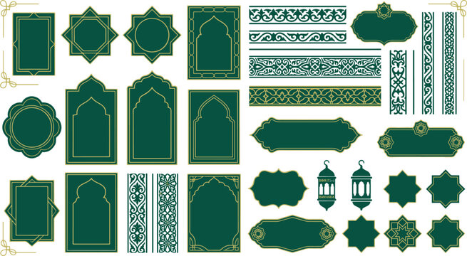 Collection of islamic themed decorative frames borders and lanterns in green and gold colors with decoration ornament traditional geometric template invitation celebration oriental
