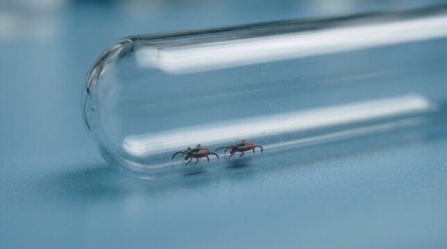  Dos garrapatas dentro de un tubo de ensayo de vidrio sobre fondo azul. Investigaci&oacute;n de laboratorio sobre la enfermedad de Lyme y par&aacute;sitos