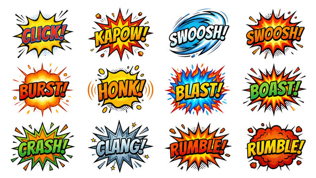 Vibrant comic book sound effect vector graphic collection featuring colorful speech bubbles with dynamic explosive text for action packed designs