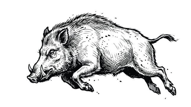 Vintage wild boar illustration, hand drawn woodcut style charging hog vector, black and white feral pig sketch for hunting and outdoor logos