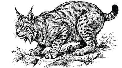 Vintage lynx wild cat illustration, hand drawn bobcat engraving vector, black and white feline predator sketch, wild animal hunting on rocks © Ch