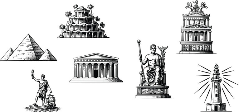 Seven wonders of the ancient world engraving style icons set featuring pyramids hanging gardens colossus zeus and lighthouse isolated on white background (22 words)