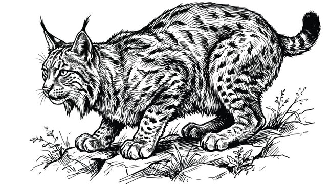 Vintage lynx wild cat illustration, hand drawn bobcat engraving vector, black and white feline predator sketch, wild animal hunting on rocks