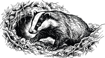 Vintage badger woodcut illustration, European badger emerging from underground burrow, black and white wildlife engraving vector © Ch