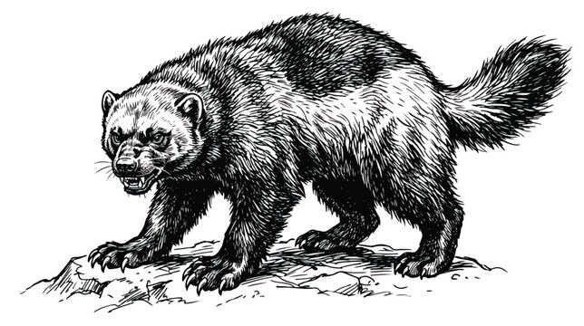 Vintage wolverine illustration, hand drawn wild animal sketch, black and white glutton predator vector, realistic forest wildlife art