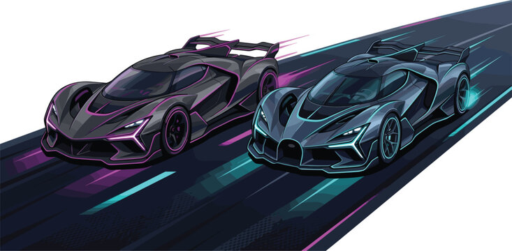 Futuristic Hypercar Collection with High Performance Supercars Racing on Neon Highway for Luxury Automotive, Speed, Innovation, and Modern Transportation Design Projects