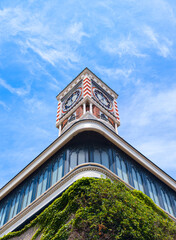 Obraz premium Low angle symmetrical view of a brick clock tower with green ivy growing on the facade under a beautiful blue sky.