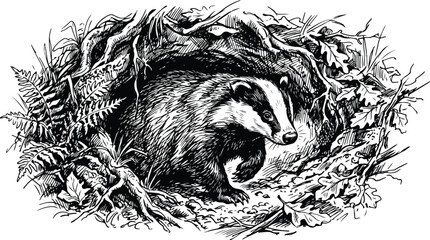 Vintage badger woodcut illustration, wild badger emerging from underground burrow, antique style forest animal engraving for nature books © Ch
