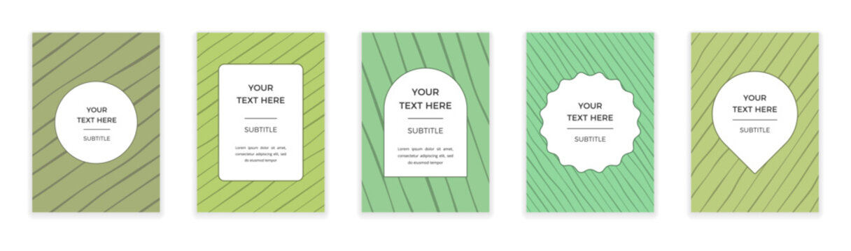 Set of five green flyer or book cover templates featuring diagonal line patterns and central geometric frames