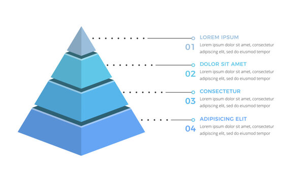 Three-dimensional pyramid diagram divided into four horizontal segments, hierarchy structure infographic template for reports and documentation