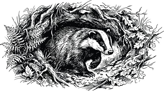 Vintage badger woodcut illustration, wild badger emerging from underground burrow, antique style forest animal engraving for nature books