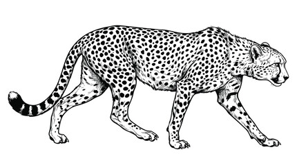 Vintage cheetah illustration in hand drawn engraving style, wild leopard walking side view vector, black and white safari animal sketch for nature design © Ch
