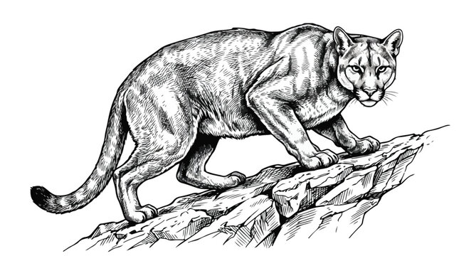 Vintage cougar mountain lion hand drawn vector, black and white wild cat engraving, stalking puma on rocky cliff, predatory panther mascot illustration